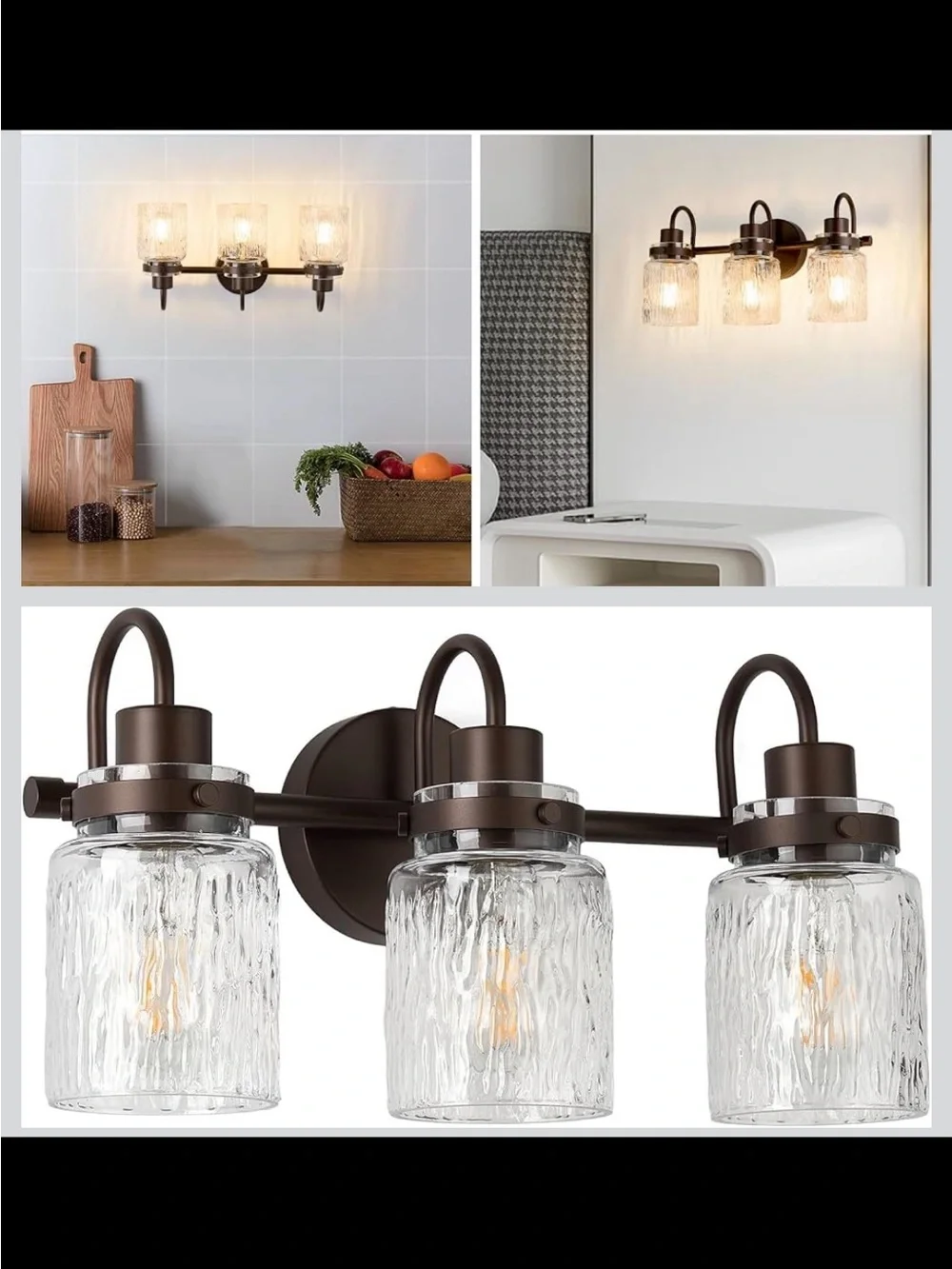 3-Light Hammered Glass Bathroom Vanity Light - Oil Rubbed Bronze - New in Box